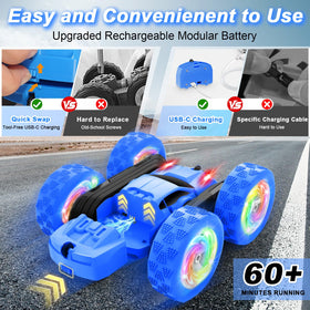 FDCTR remote control car blue side view highlights sturdy build for all-terrain fun.