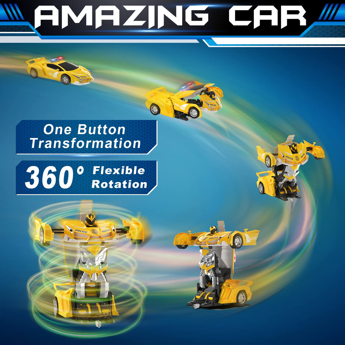 FDJ transform robot mode with flashing LED lights for dramatic play.