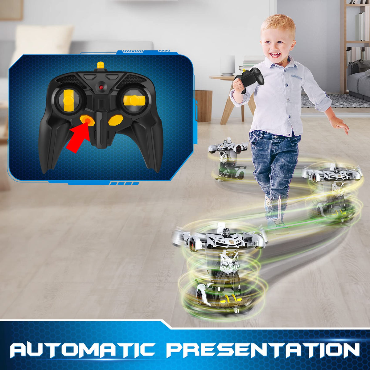 FDJ transforming RC car performing 360-degree rotation for dynamic play.