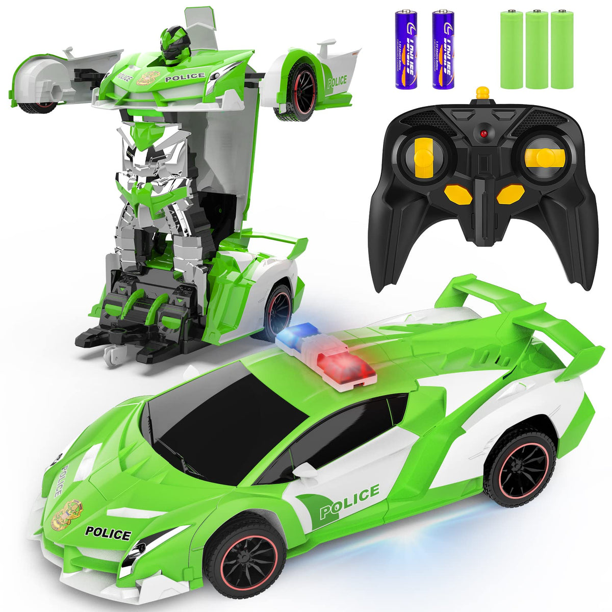 FDJ transforming RC car in 1:18 scale with flashing lights for kids.