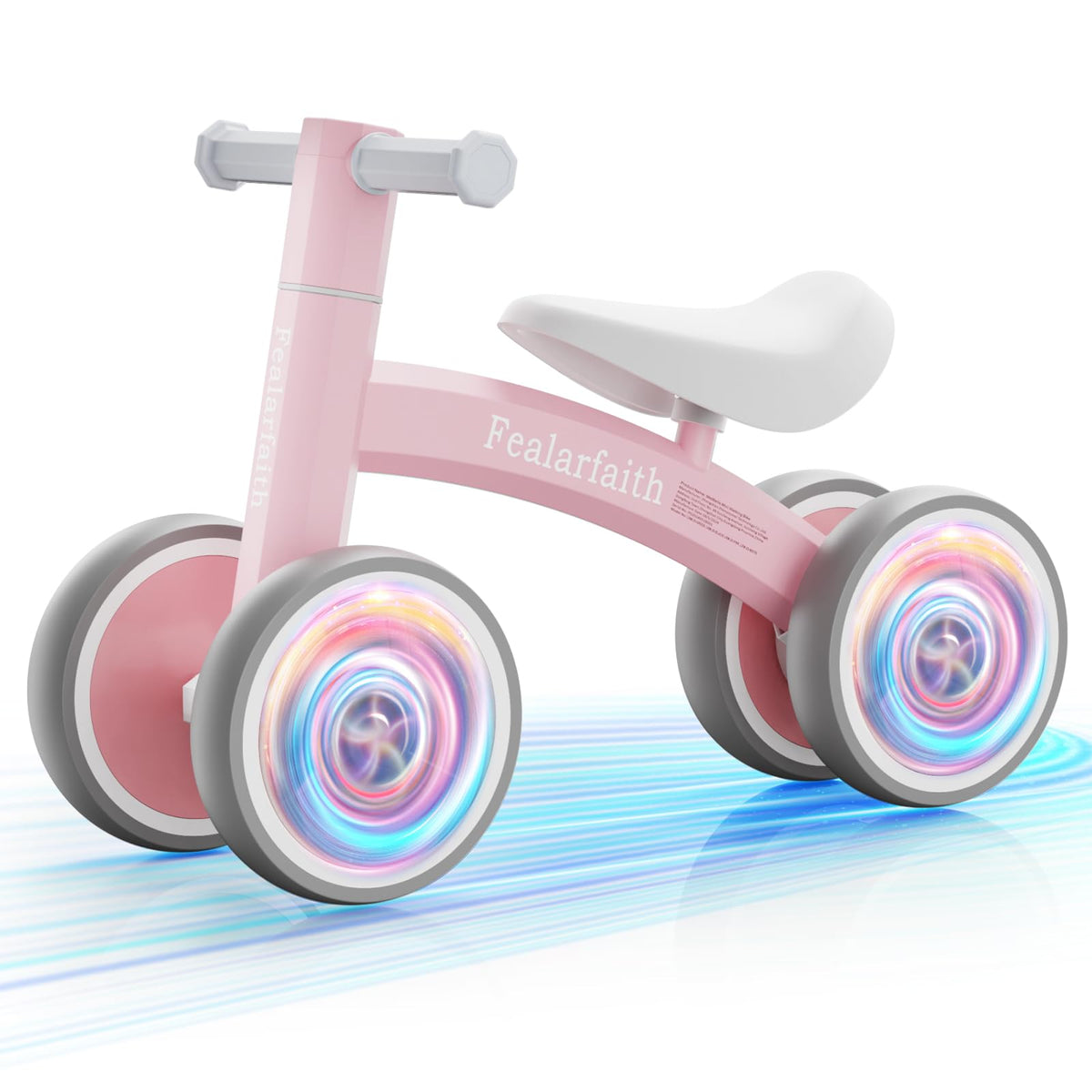 Fealarfaith baby balance bike with four LED wheels for indoor and outdoor fun