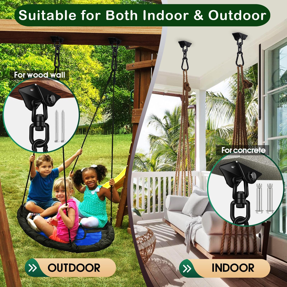Feanron ceiling hooks with 360-degree rotation for smooth swinging.