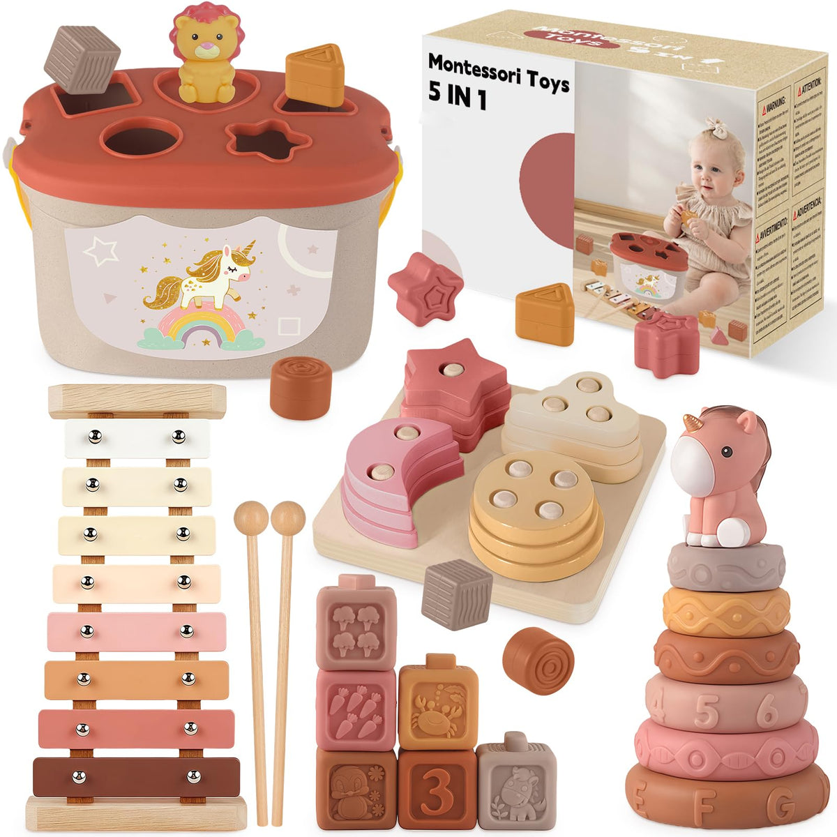 FEBALHS 5-in-1 Montessori toys set for sensory learning