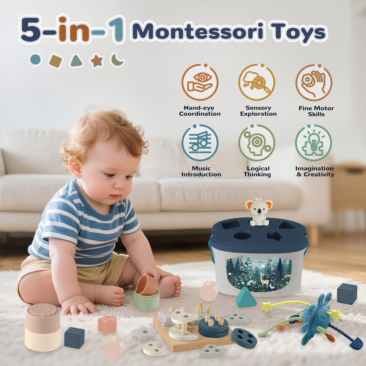 FEBALHS silicone stacking cups shown in vibrant colors support sensory exploration.