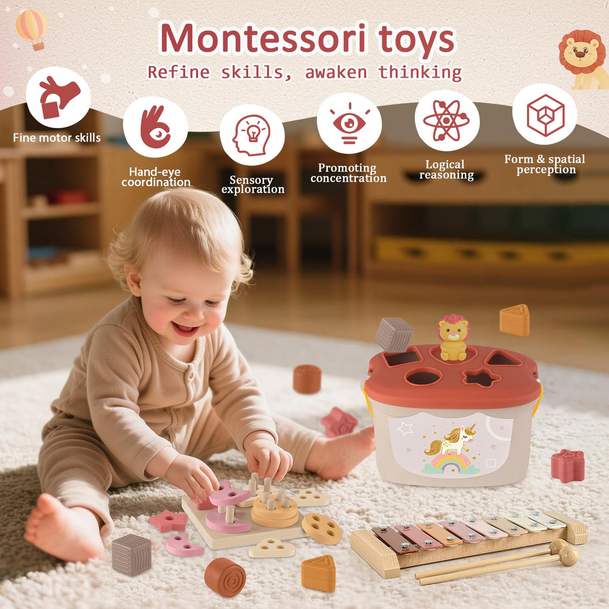 FEBALHS wooden Montessori stacking toy enhances color and shape recognition