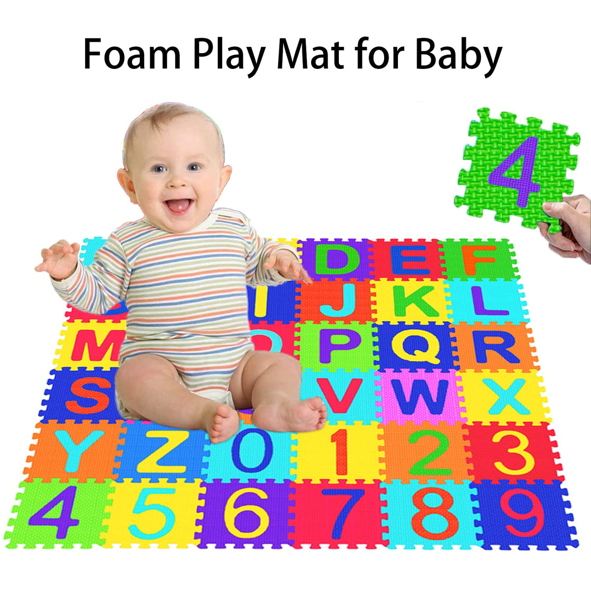 Febyyer puzzle mat colorful tiles, ideal for crawling and floor time.