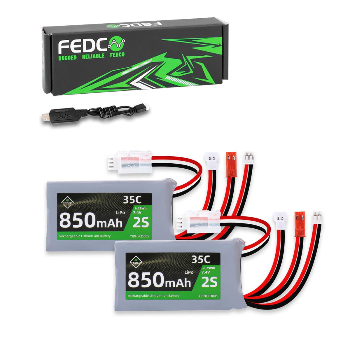 FEDCO 7.4V 2S 850mAh battery for RC crawler with strong 35C discharge for smooth climbs