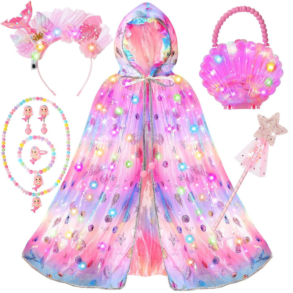 Fedio Mermaid dress‑up cape glows for night‑time play and storytelling.