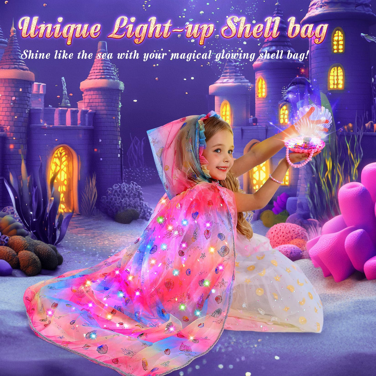 Fedio Mermaid shell bag glows with multiple lighting options for treasure hunts.