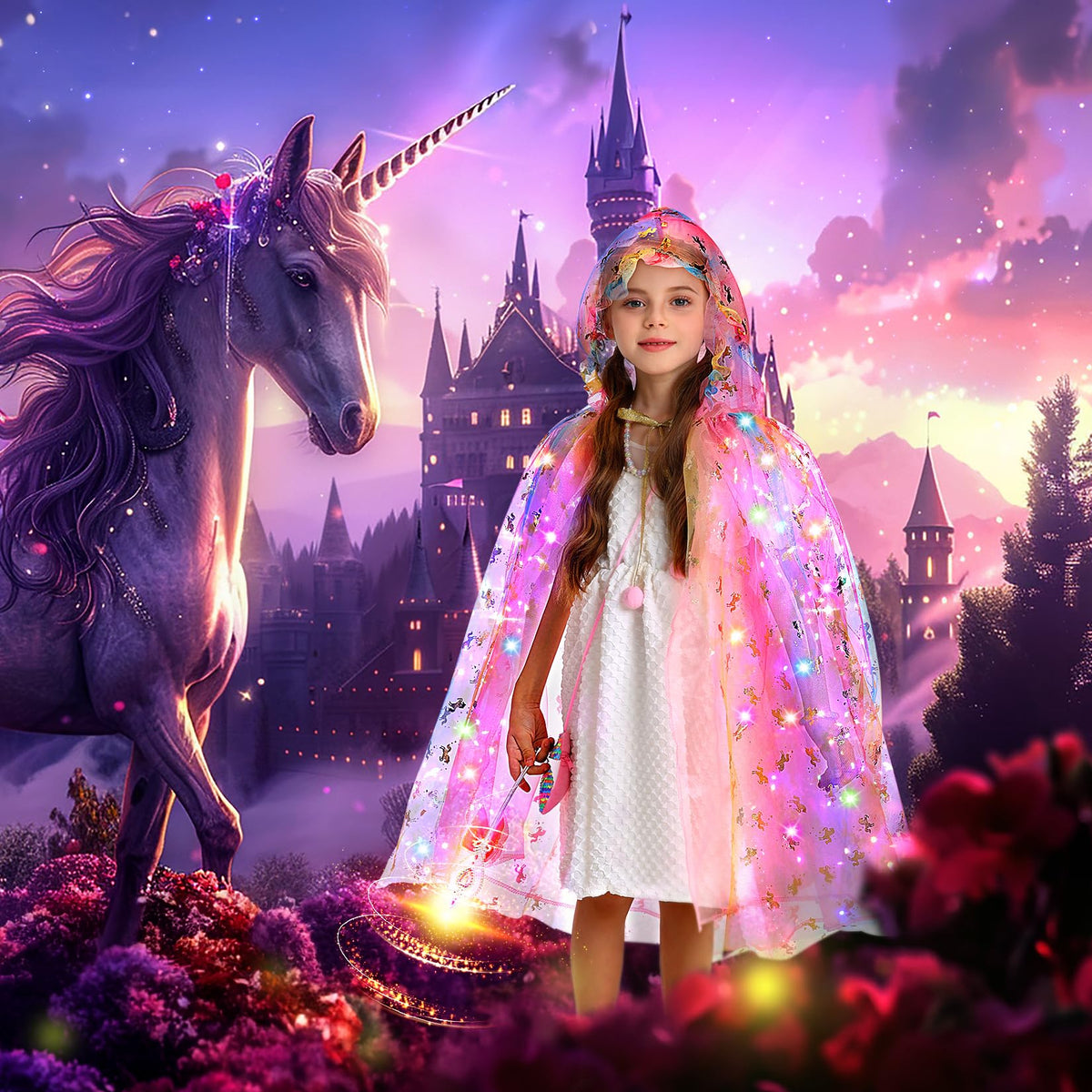 Fedio princess cape features golden unicorn print that shines when the lights are on.