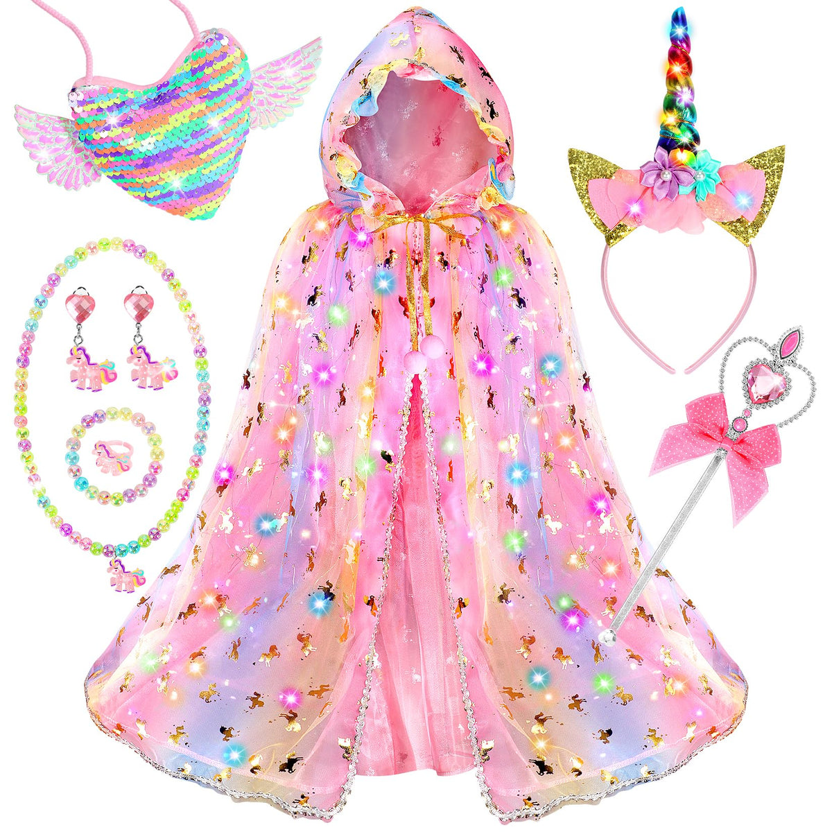 Fedio unicorn princess cape illuminated for magical night dress-up play.