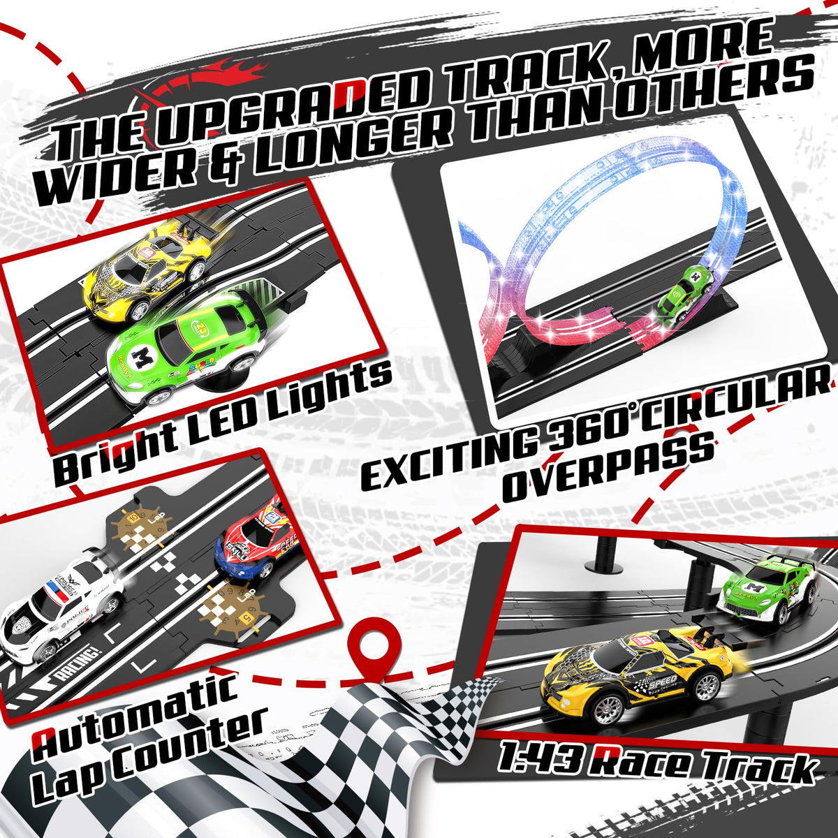 Fedonak LED slot cars illuminate the track for immersive nighttime racing.