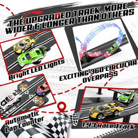 Fedonak LED slot cars illuminate the track for immersive nighttime racing.