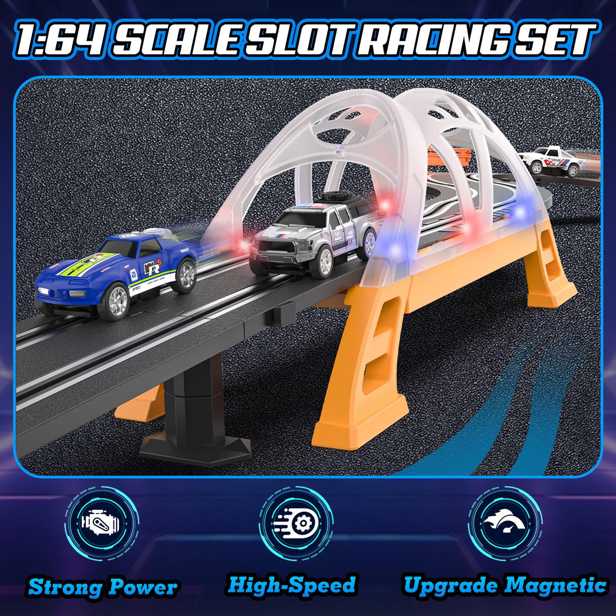 Fedonak slot car track with LED bridge enhances realism.