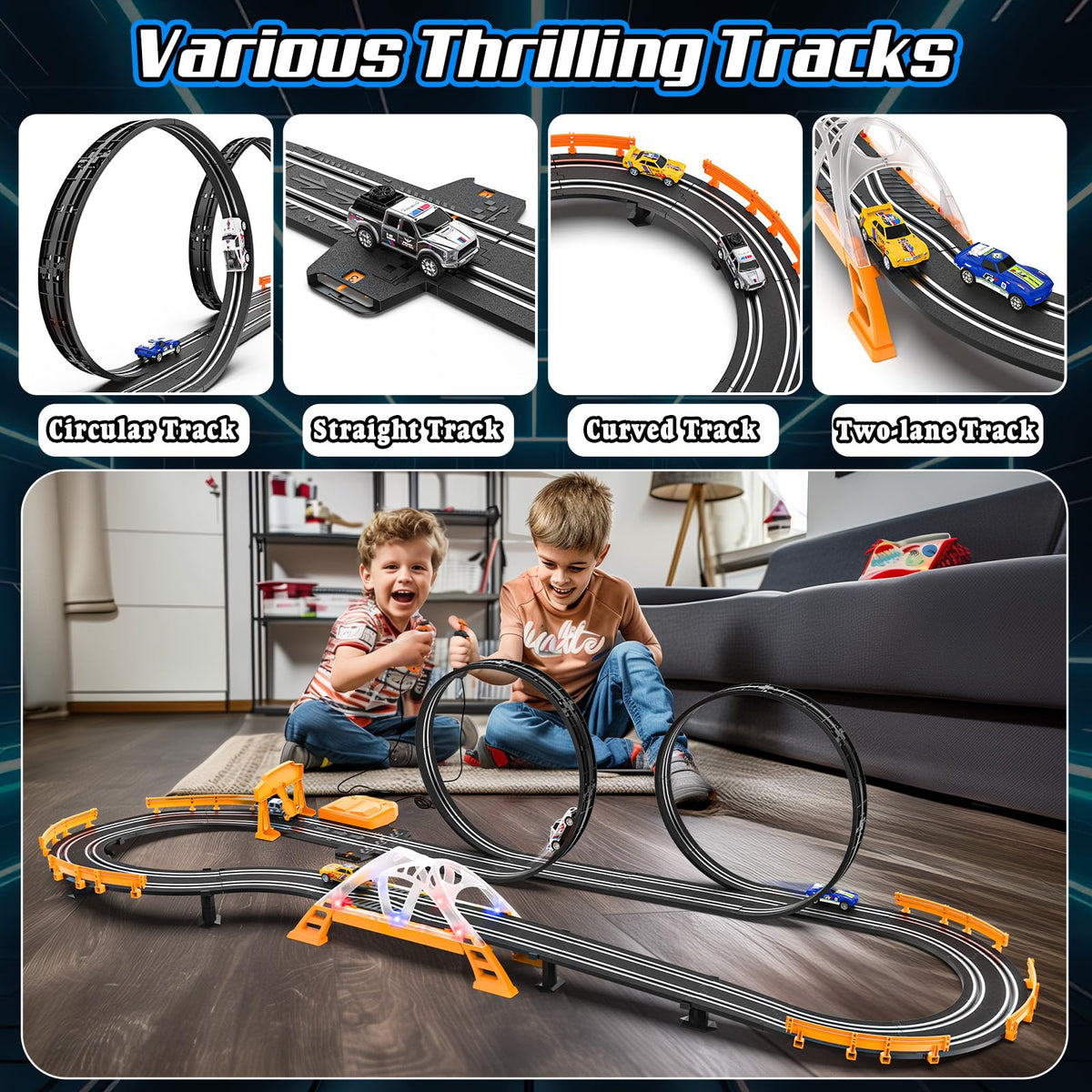 Fedonak slot car track two-car setup for head-to-head play.