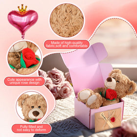 feeking rose bear with box, pink gift presentation for weddings or celebrations.