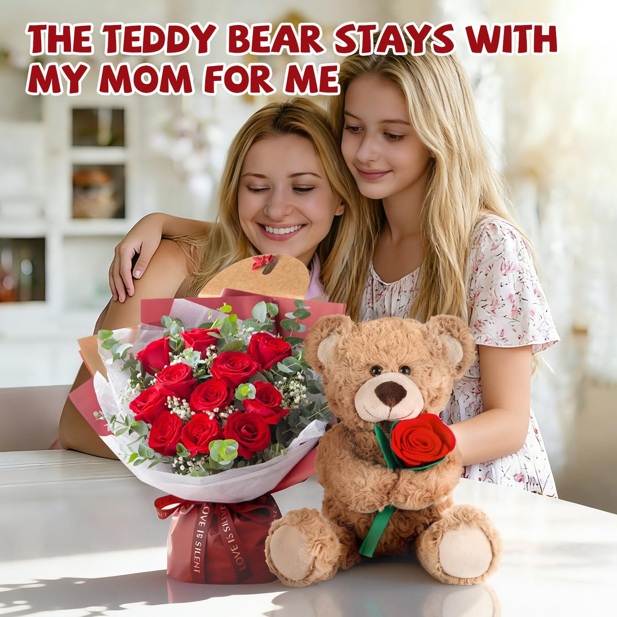 feeking teddy with pink balloon and card, a charming gift moment.