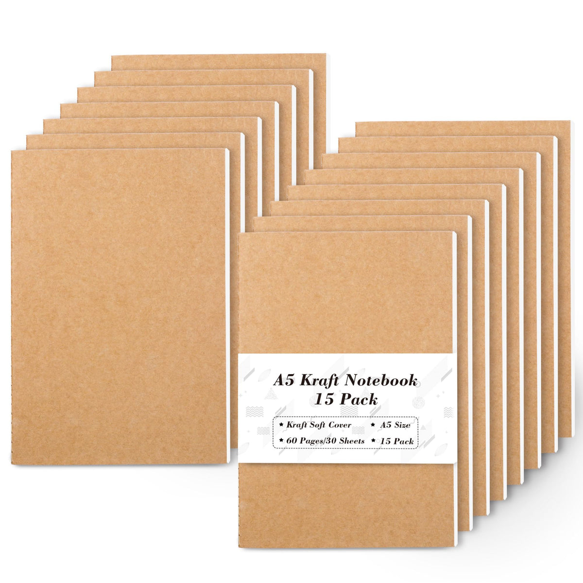 Feela 15-pack A5 kraft notebooks stacked, ideal for planners and note-taking.