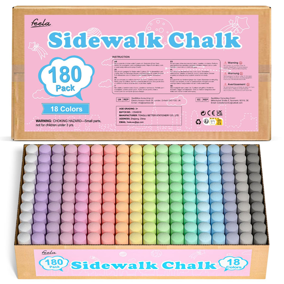 feela 180 pack sidewalk chalk with 18 colors for vibrant outdoor art.