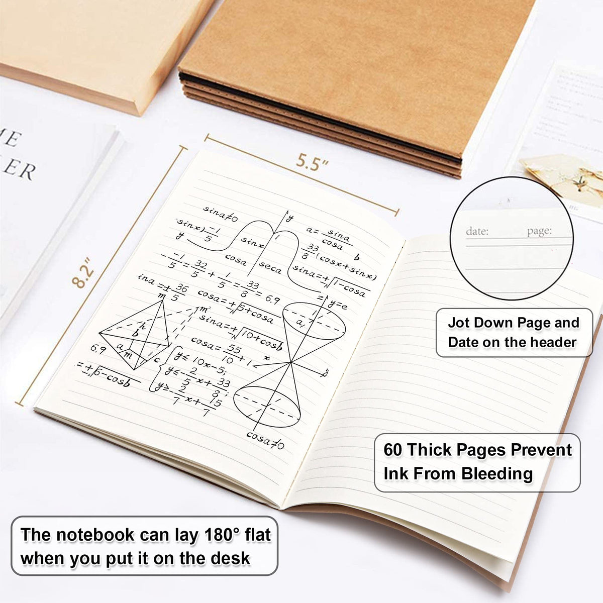 Feela A5 kraft notebook tight stitching, lies flat for easy writing.
