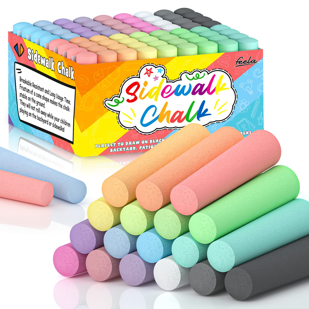 Feela jumbo sidewalk chalk in 18 colors laid out for outdoor creativity.