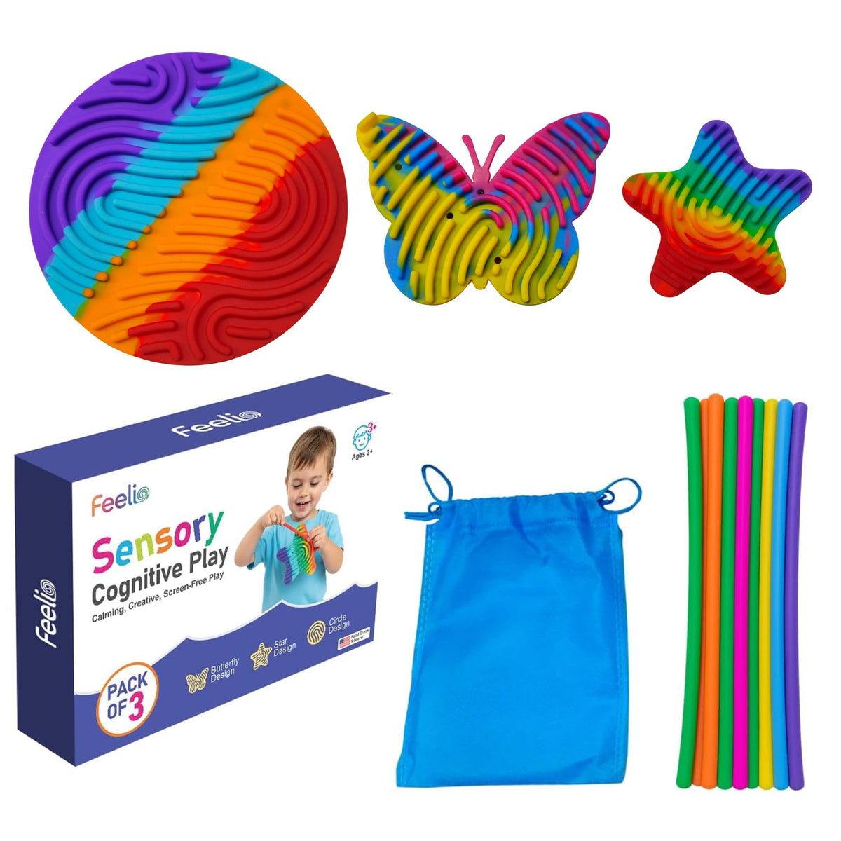 Feelio sensory board in multicolor for calm focus and tactile exploration.