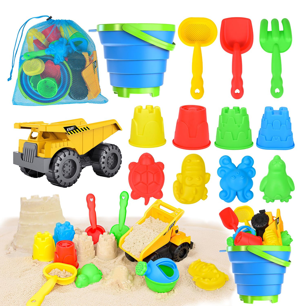 Fegalop beach toys 14pcs collapsible bucket for easy travel and sand play.