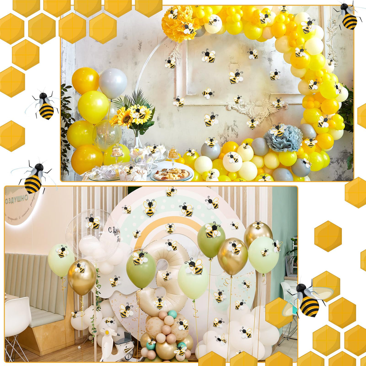 Feifeiya 3D bee decoration in 10 inch brings dramatic glitter to events and backdrops.
