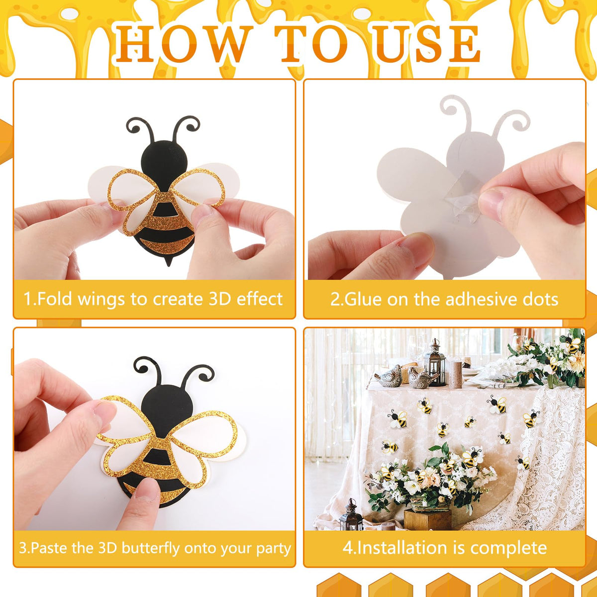 Feifeiya 3D bee decoration in 6 inch makes a bold focal point on walls or boards.