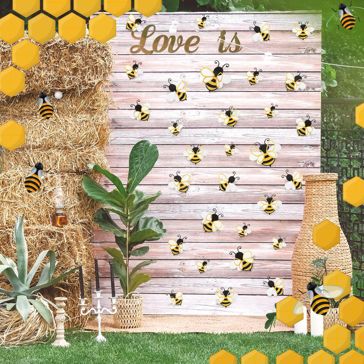 Feifeiya 3D bee decoration glitter finish enhances decor by catching light on jars and cake tables.
