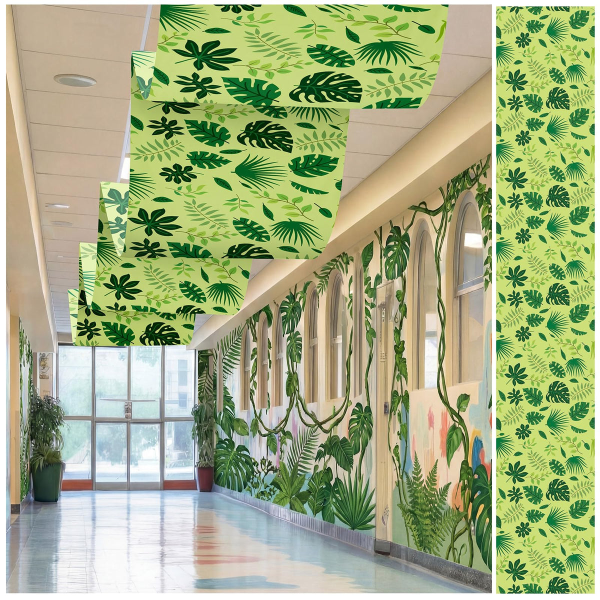 Feifeiya jungle ceiling banner with forest leaves creating immersive tropical ambiance for events.