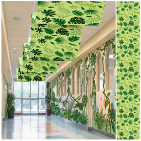 Feifeiya jungle ceiling banner with forest leaves creating immersive tropical ambiance for events.