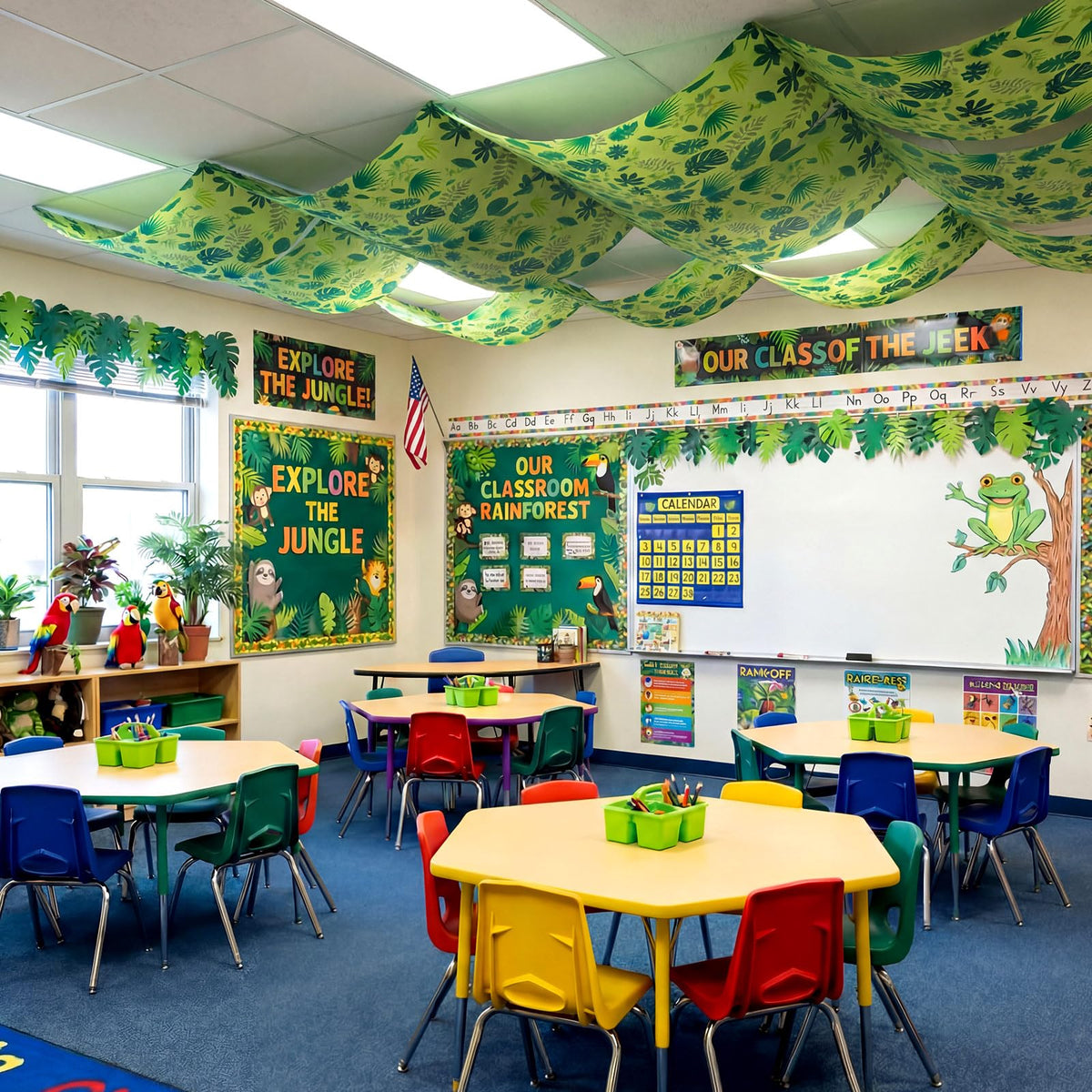 Feifeiya jungle ceiling decor creates spacious overhead ambiance with tropical foliage.
