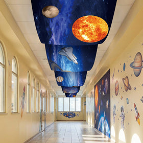 Feifeiya long flowing ceiling banner covers large ceiling areas.