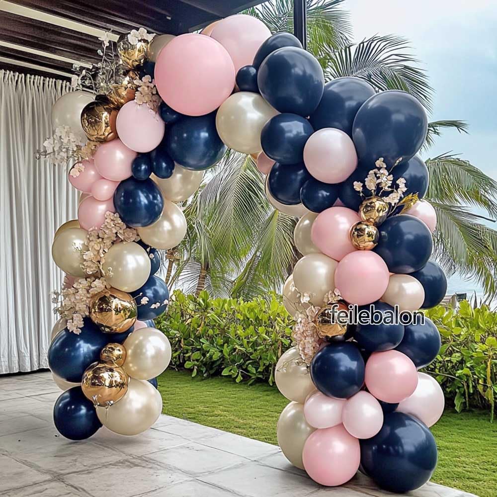 Feilebalon double stuffed arch with navy blue pink gold balloons for photos