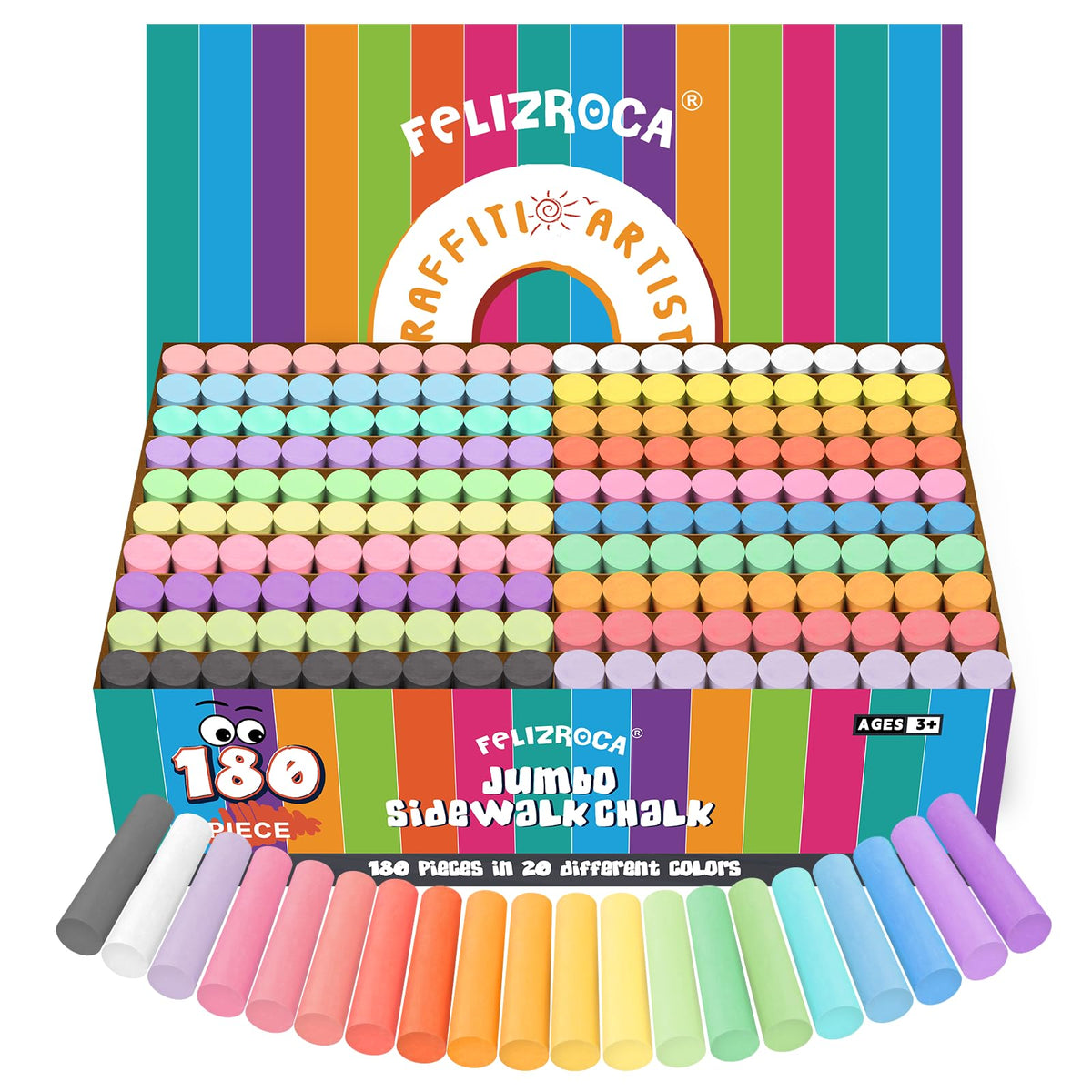 FELIZROCA 180pcs sidewalk chalk set in 20 colors for outdoor drawings.