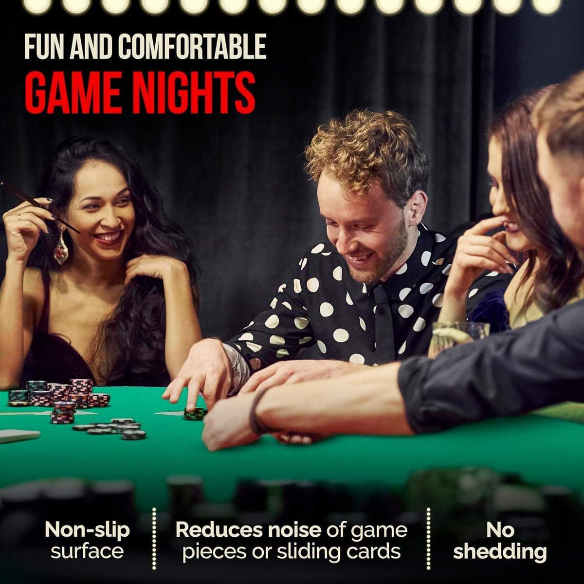 Feltectors felt table cover on board game night enhances surface grip.