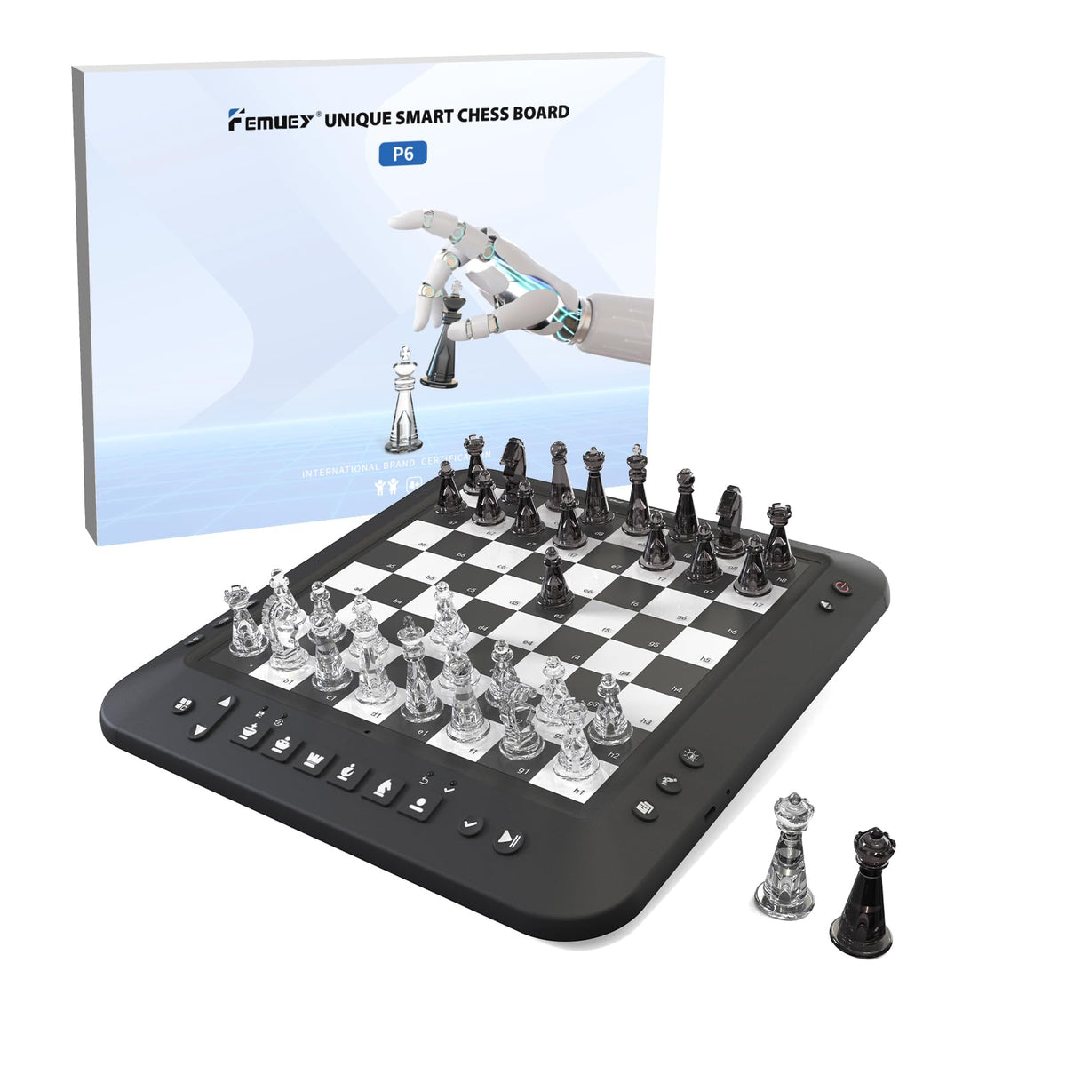 Femuey P6 electronic chess board with illuminated squares for clear move visualization.