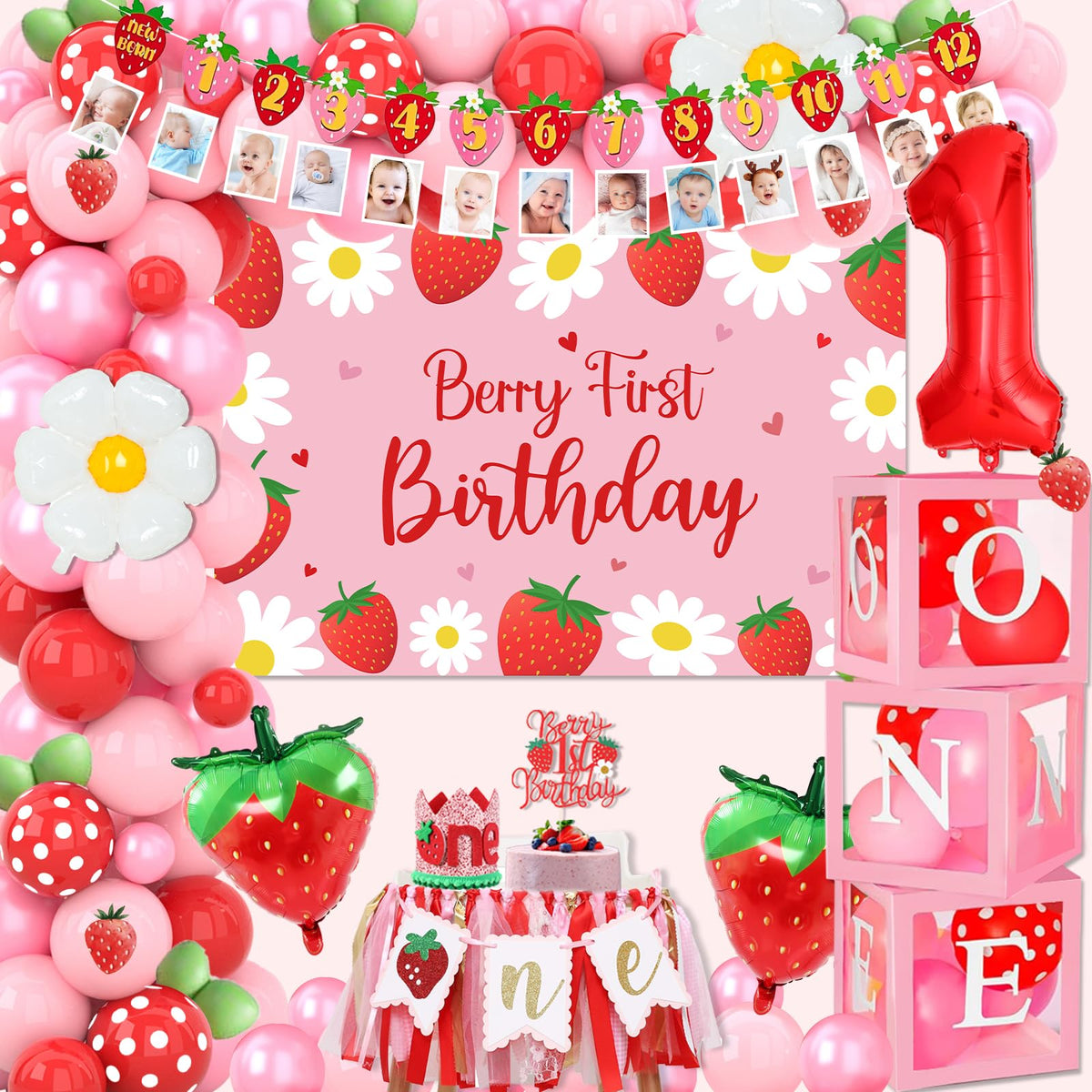 FengRise Berry First Balloon Arch easy DIY decor for a strawberry themed first birthday