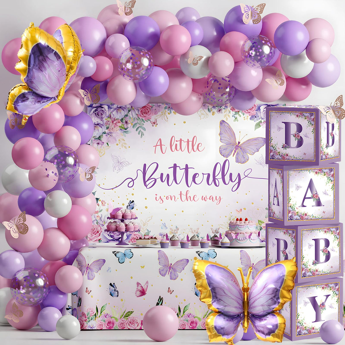FengRise butterfly arch with pink and purple balloons for charming baby shower decor.