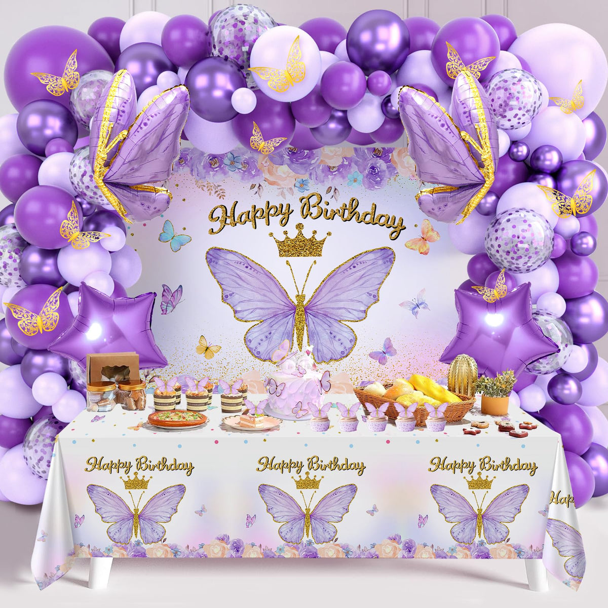 FengRise purple balloon arch kit creates a photo-ready birthday backdrop.