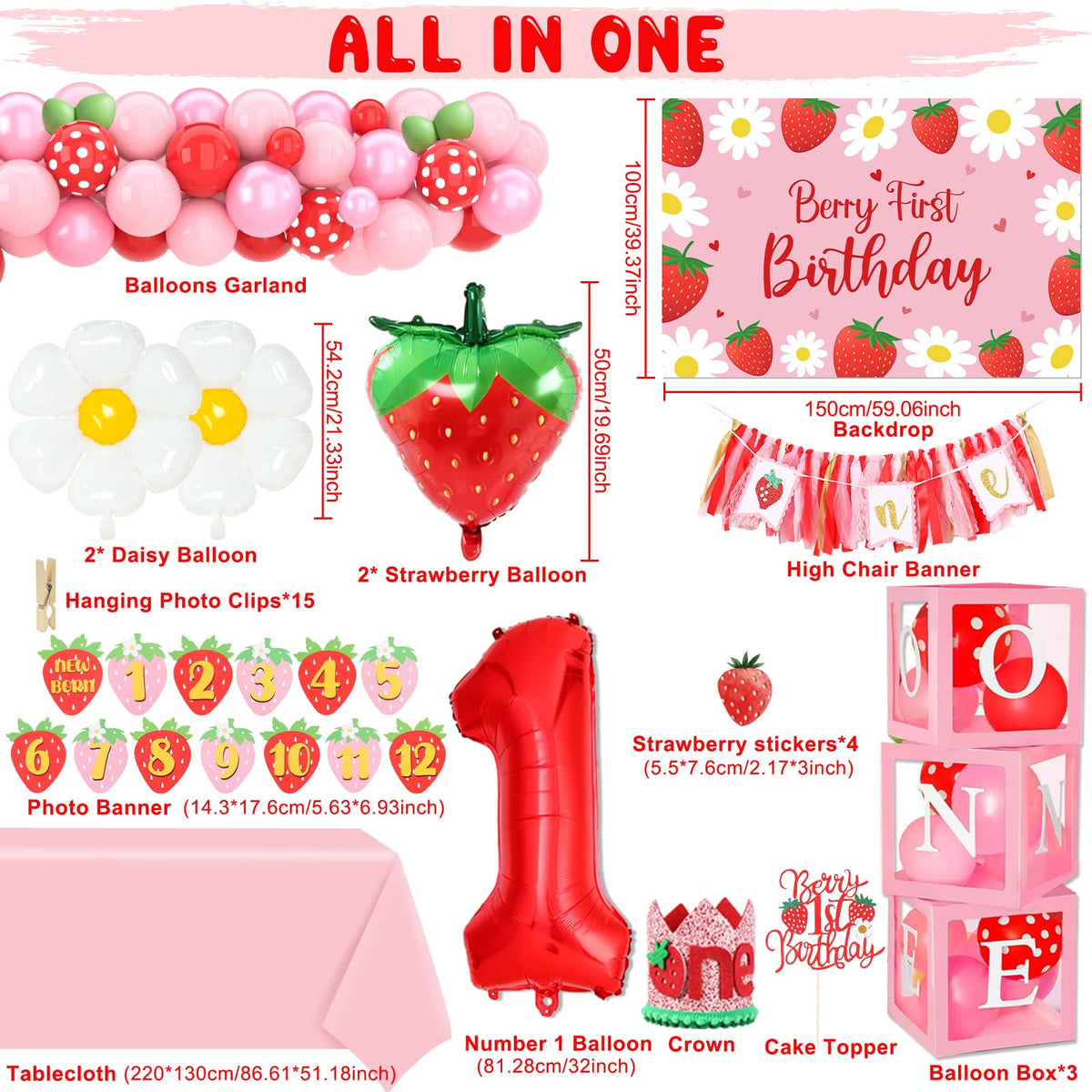 FengRise strawberry foil balloons bright accents for cake prep
