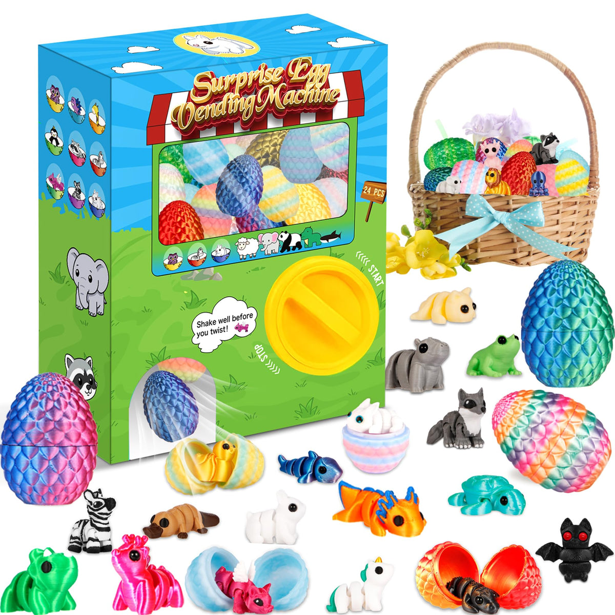 Fenoee 24-pack dragon eggs with vibrant 3D prints and mystery figurines for Easter fun.