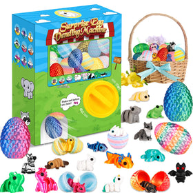 Fenoee 24-pack dragon eggs with vibrant 3D prints and mystery figurines for Easter fun.