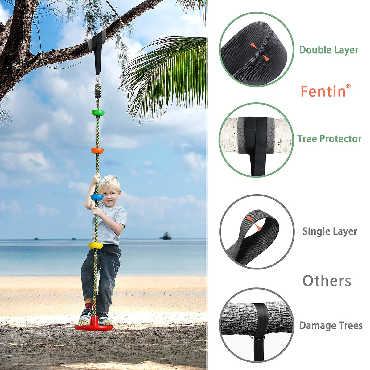 Fentin tree swing carabiner hardware enables quick, secure installation.