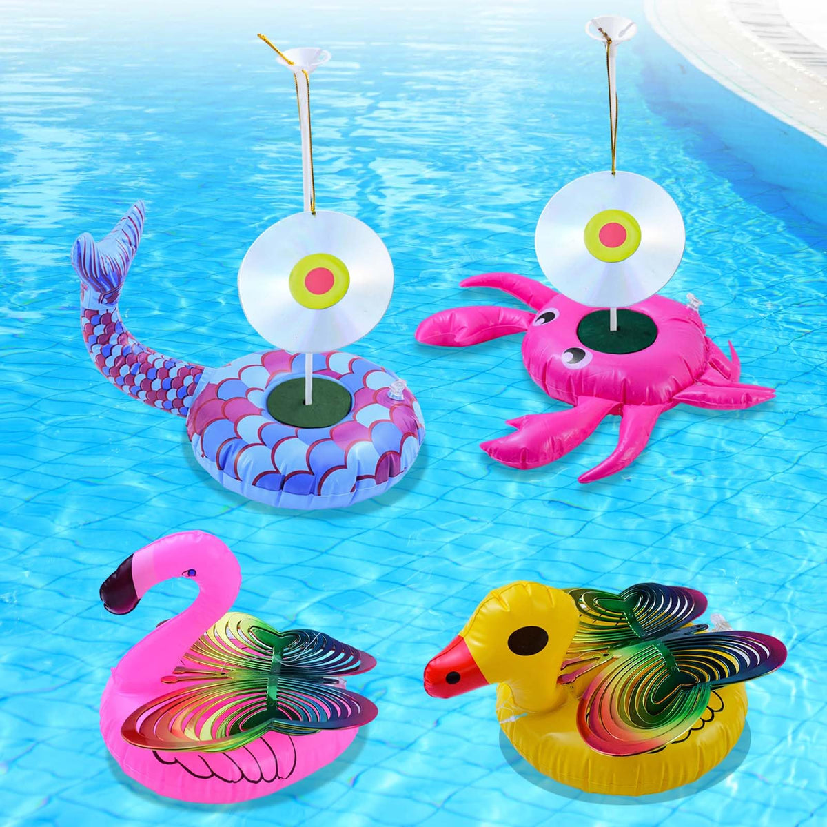 Feoang floating pinwheel butterfly in pool creates reflective motion to deter birds.
