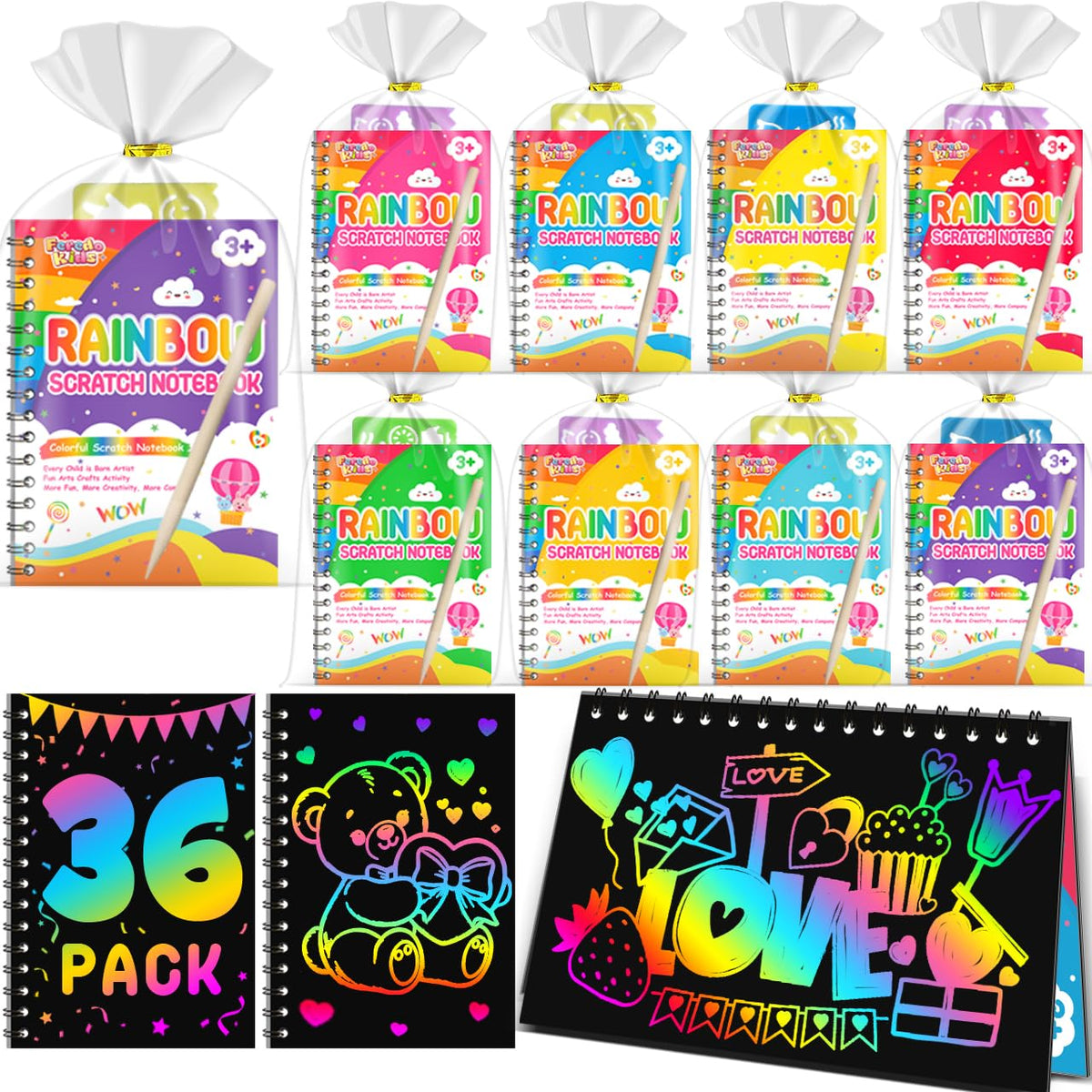 FEREDO KIDS rainbow scratch notebook 36-pack for colorful party favors