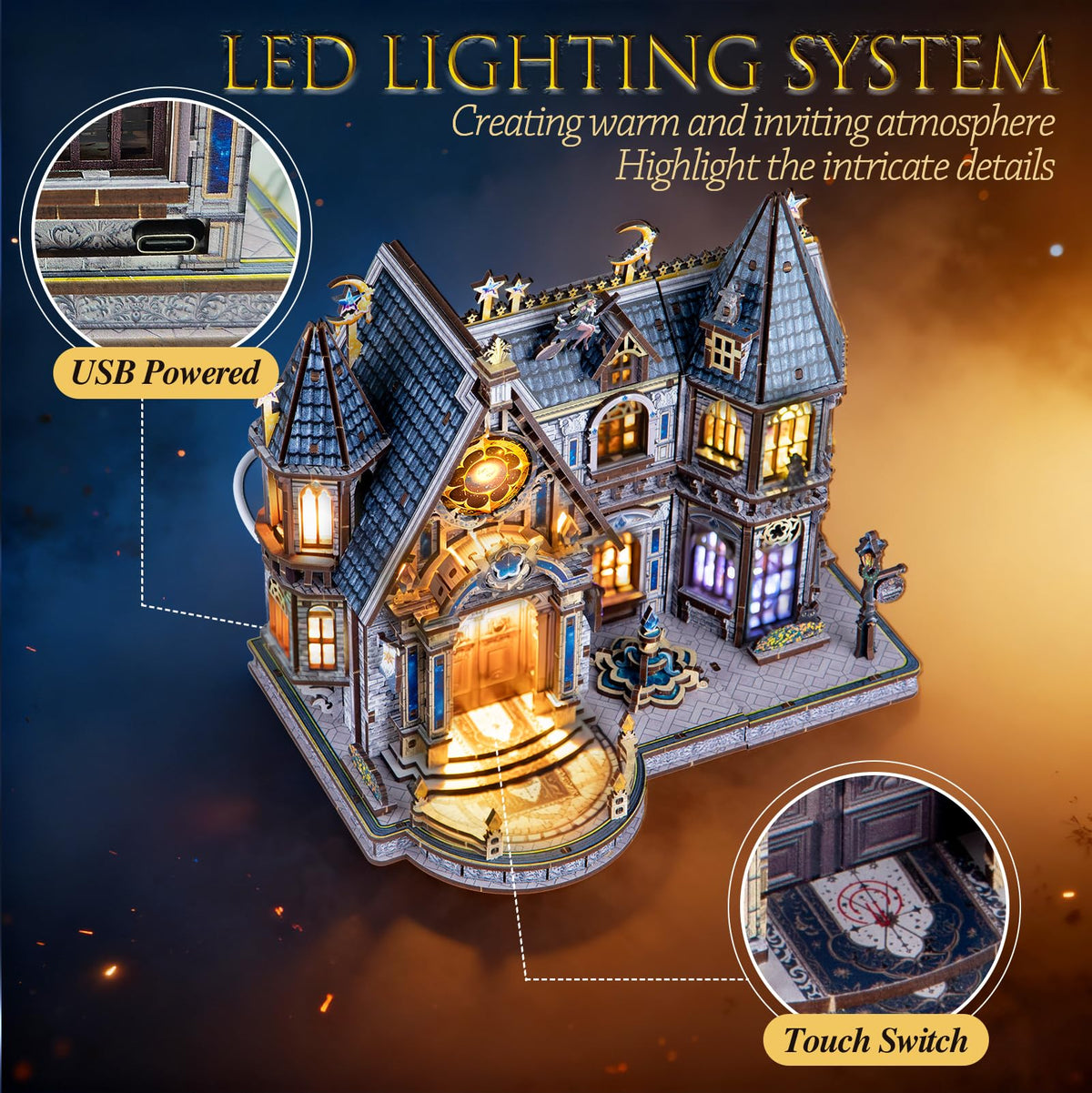 Ferrafay LED 3D puzzle detailed library room lit for magical atmosphere.