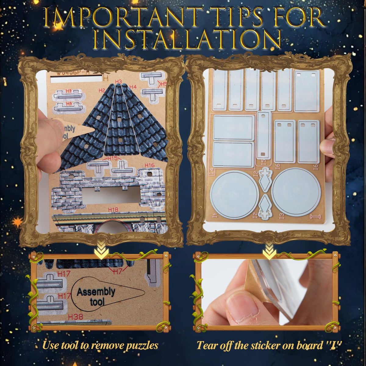 Ferrafay LED 3D puzzle laser-cut pieces shown with clear instructions.
