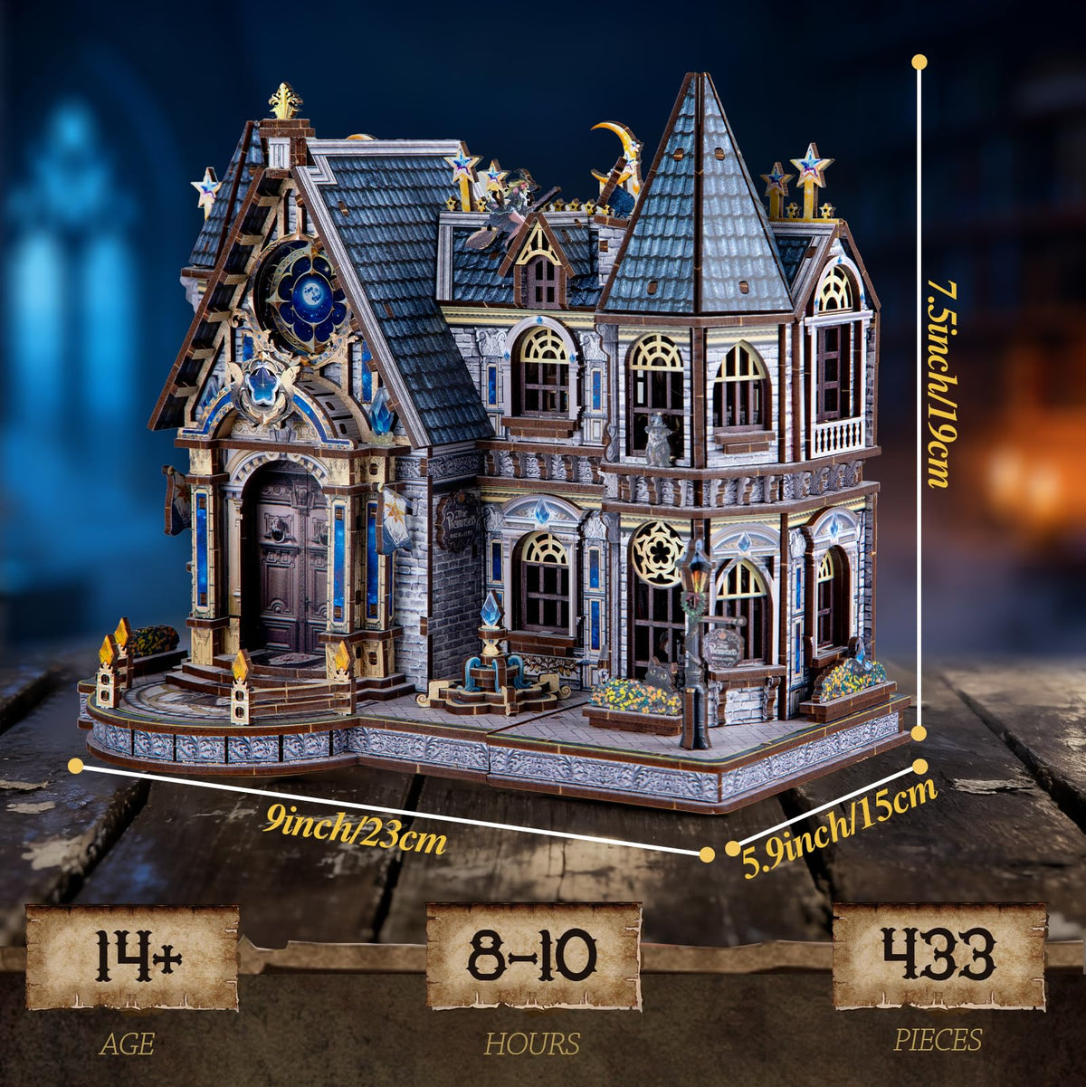 Ferrafay LED 3D puzzle wizard school lighting highlights interior details.